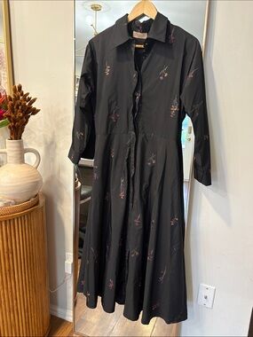 Black Long Sleeve Button down dress with embroidered flowers